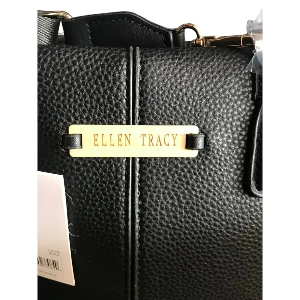 Ellen Tracy NWT Black Satchel Bag Faux Leather Top Handle Classic Shoulder Purse